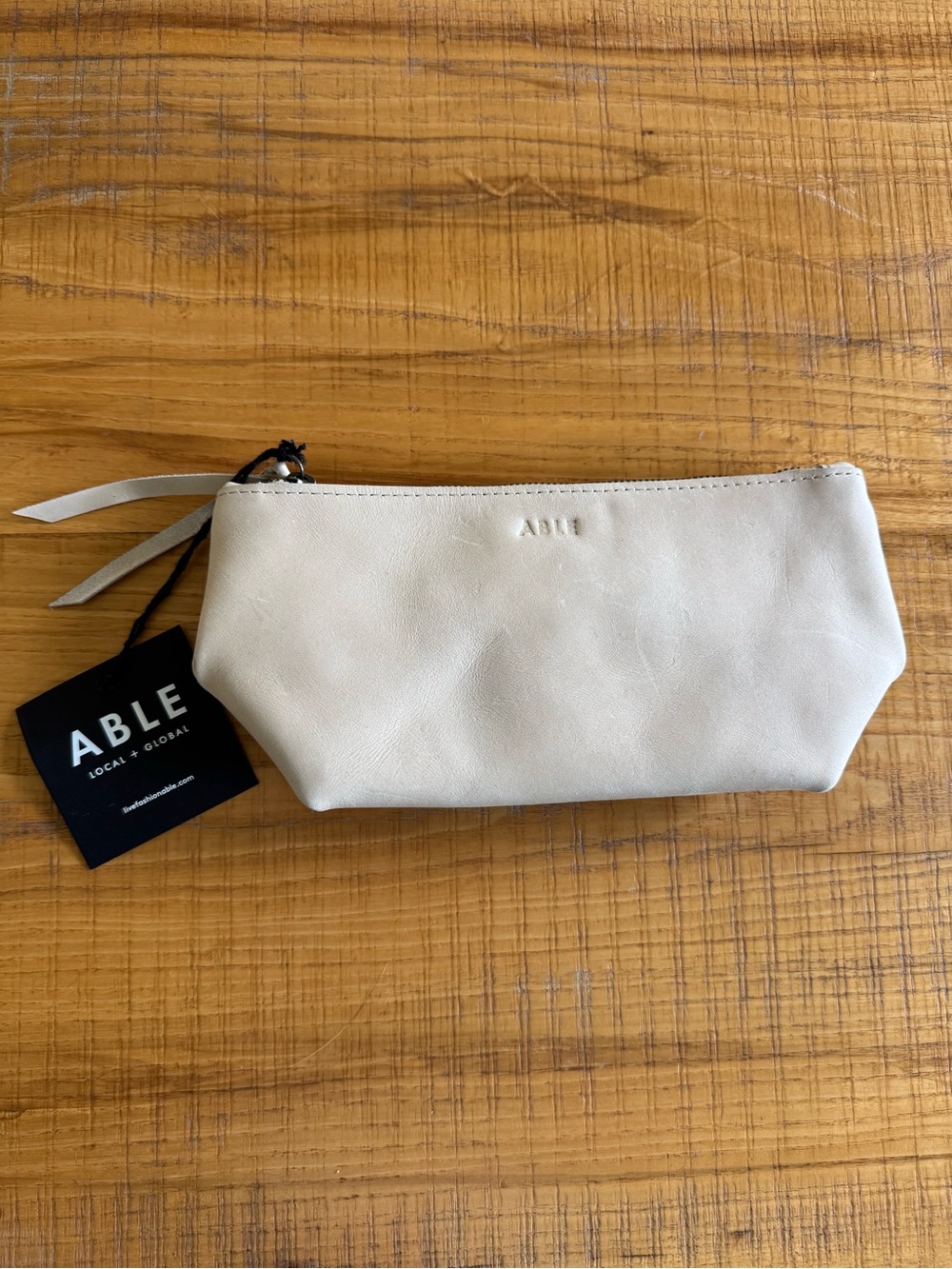 ABLE Cream Leather Zip Cosmetic Pouch with Subtle Logo